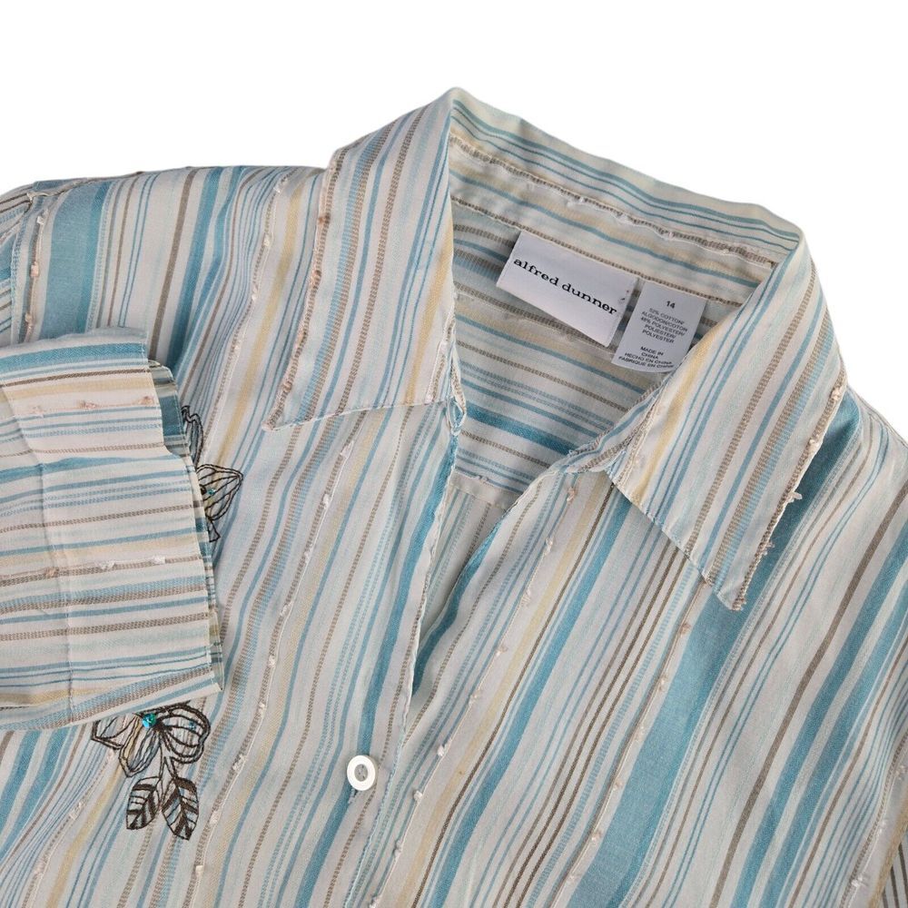 Alfred Dunner Women 14 Blue 3/4 Sleeve Emboidered Bedazzeled Button Front Shirt